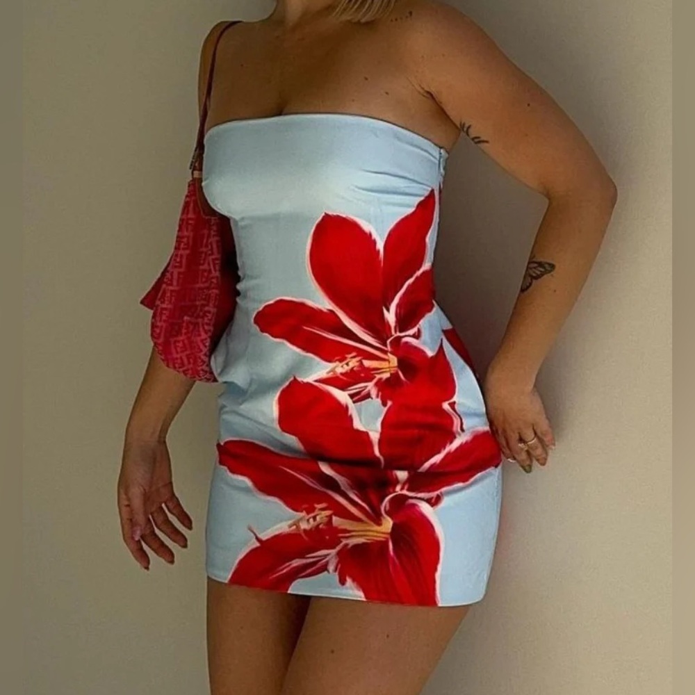 Floral Strapless Dress in Light Blue and Red